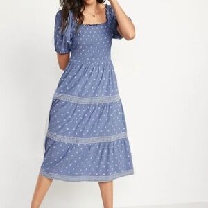 Puff-Sleeve Smocked Printed Embroidered Fit & Flare Chambray Midi Dress Old Navy